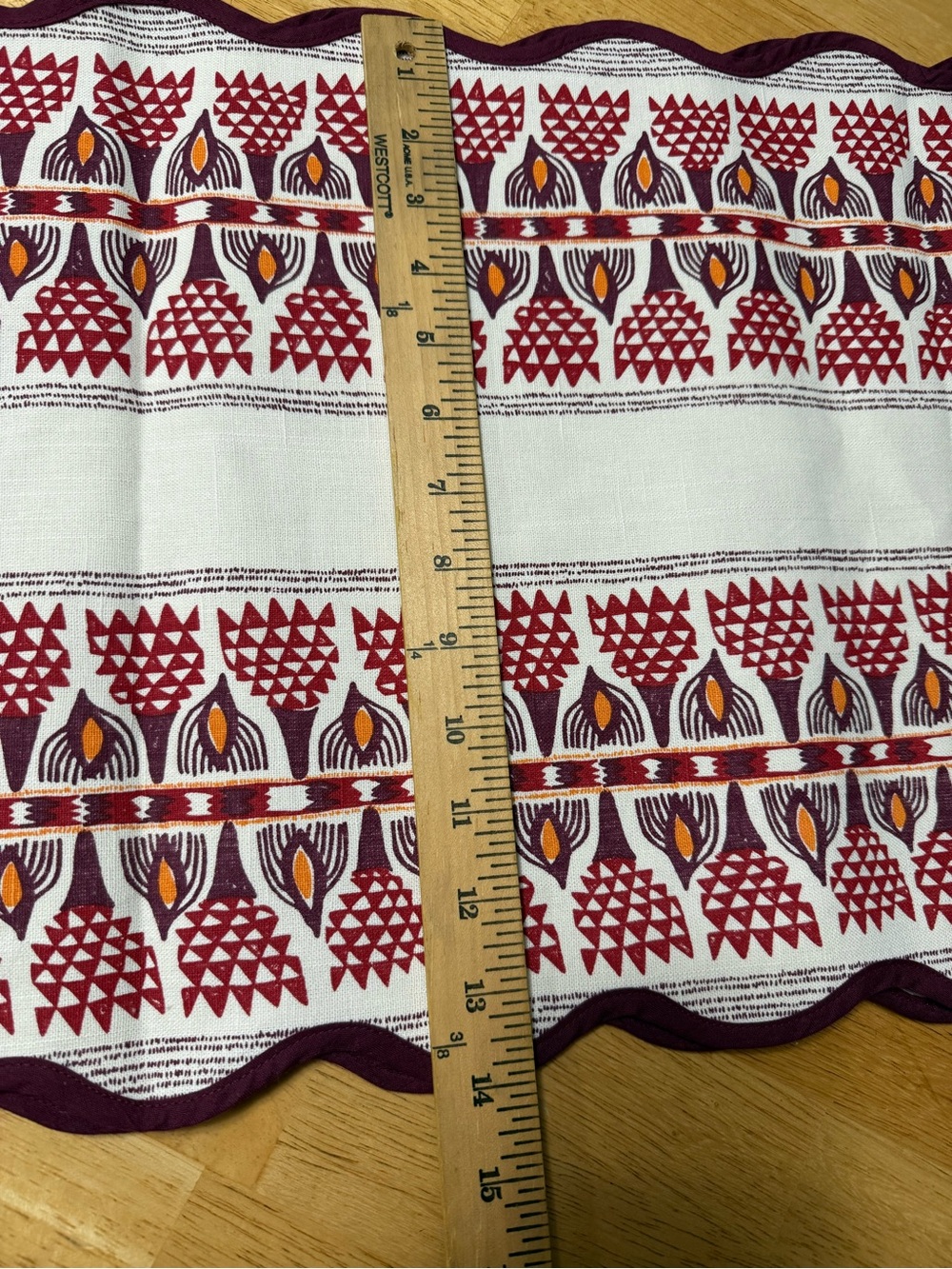 White Scalloped Edge Fabric table runner with Red and Purple Floral Print